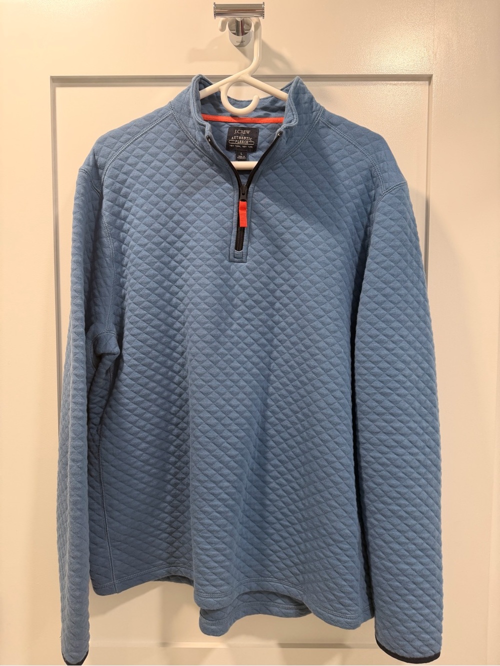 J. Crew Quilted Half-Zip Pullover in Sky Blue with Orange Accent